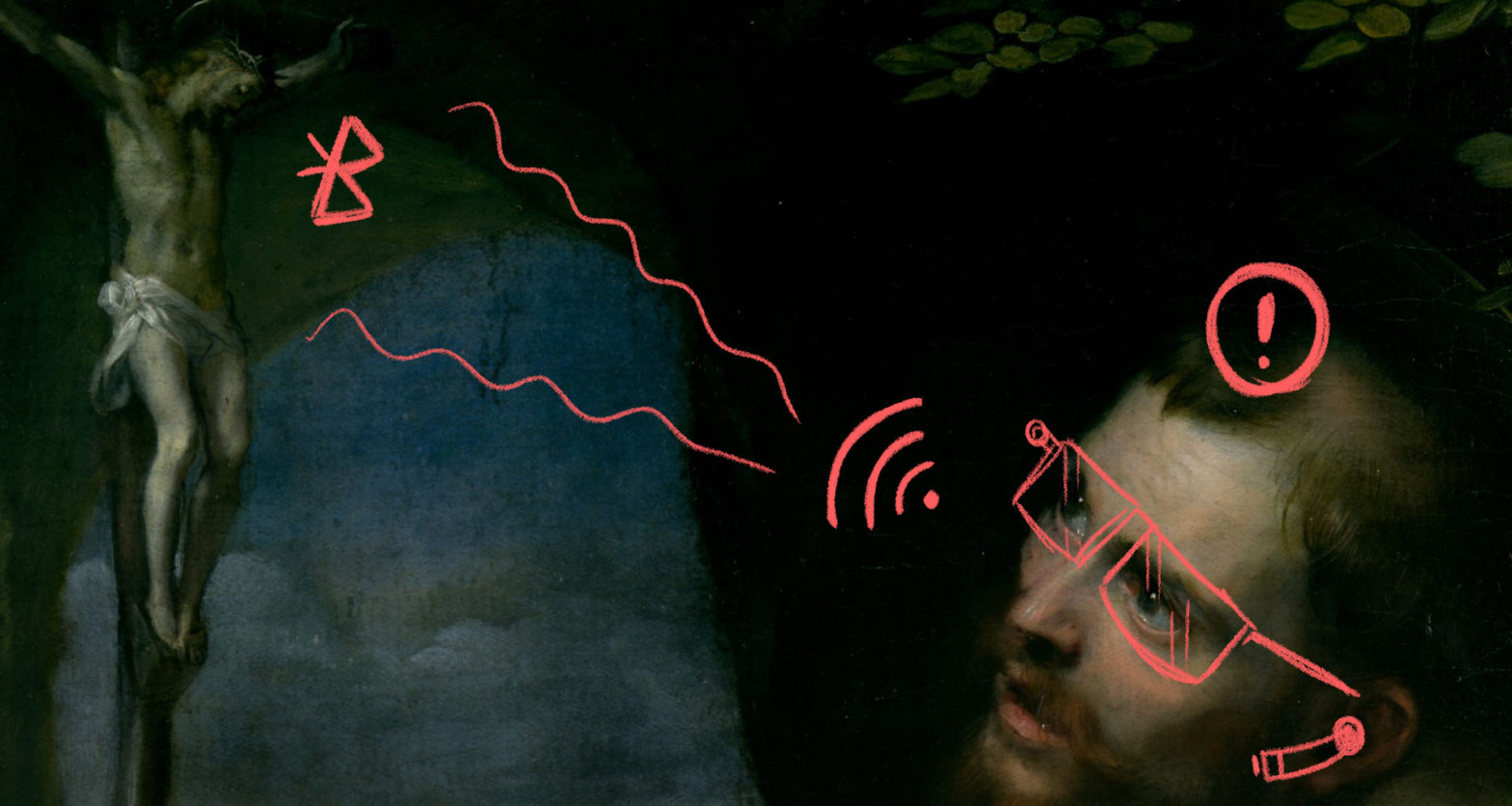 St Francis praying to God using a Wifi signal but God only accepts Bluetooth
