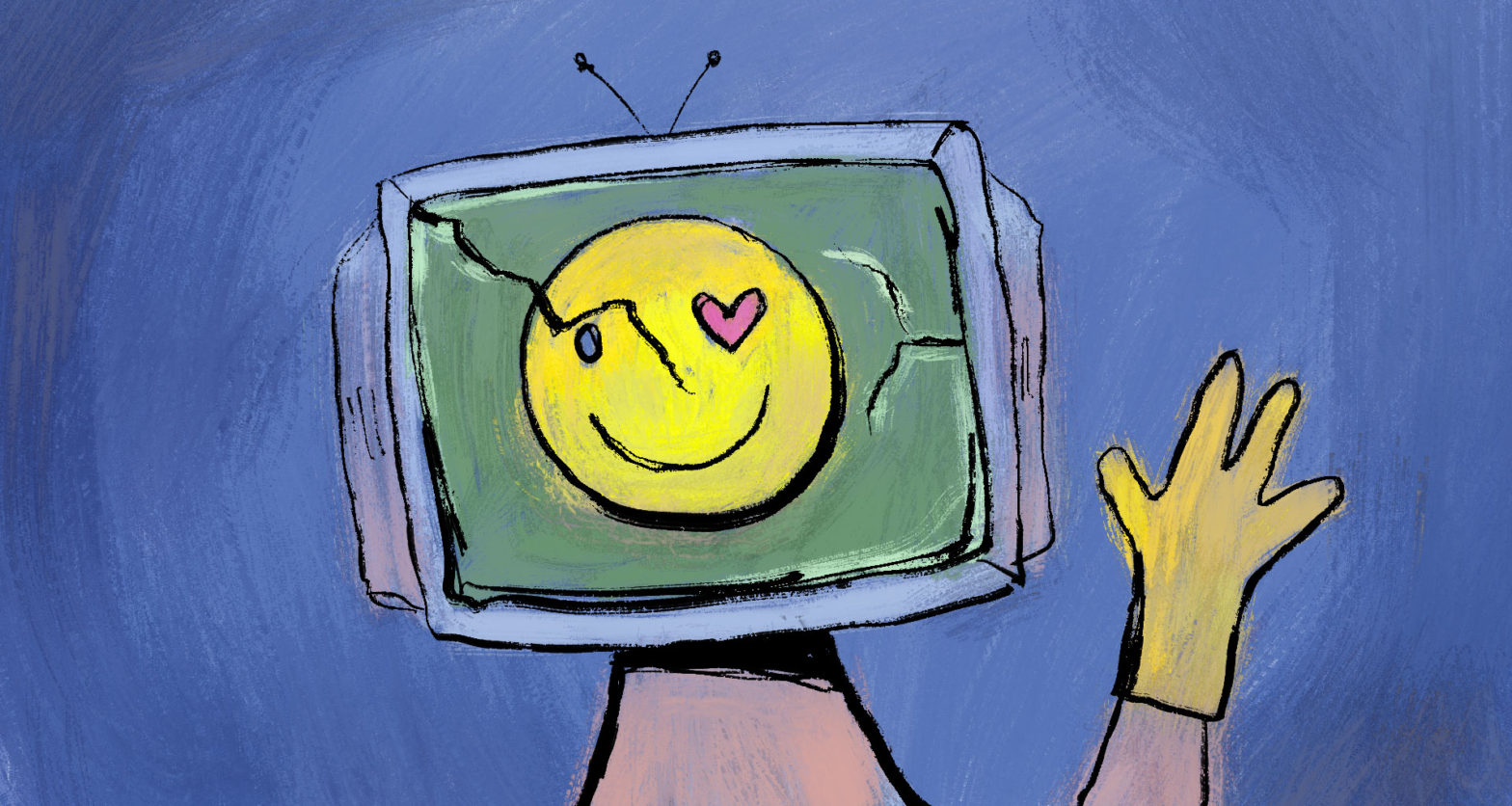 A robot with a tv for a head and a broken smiley face on the screen waving