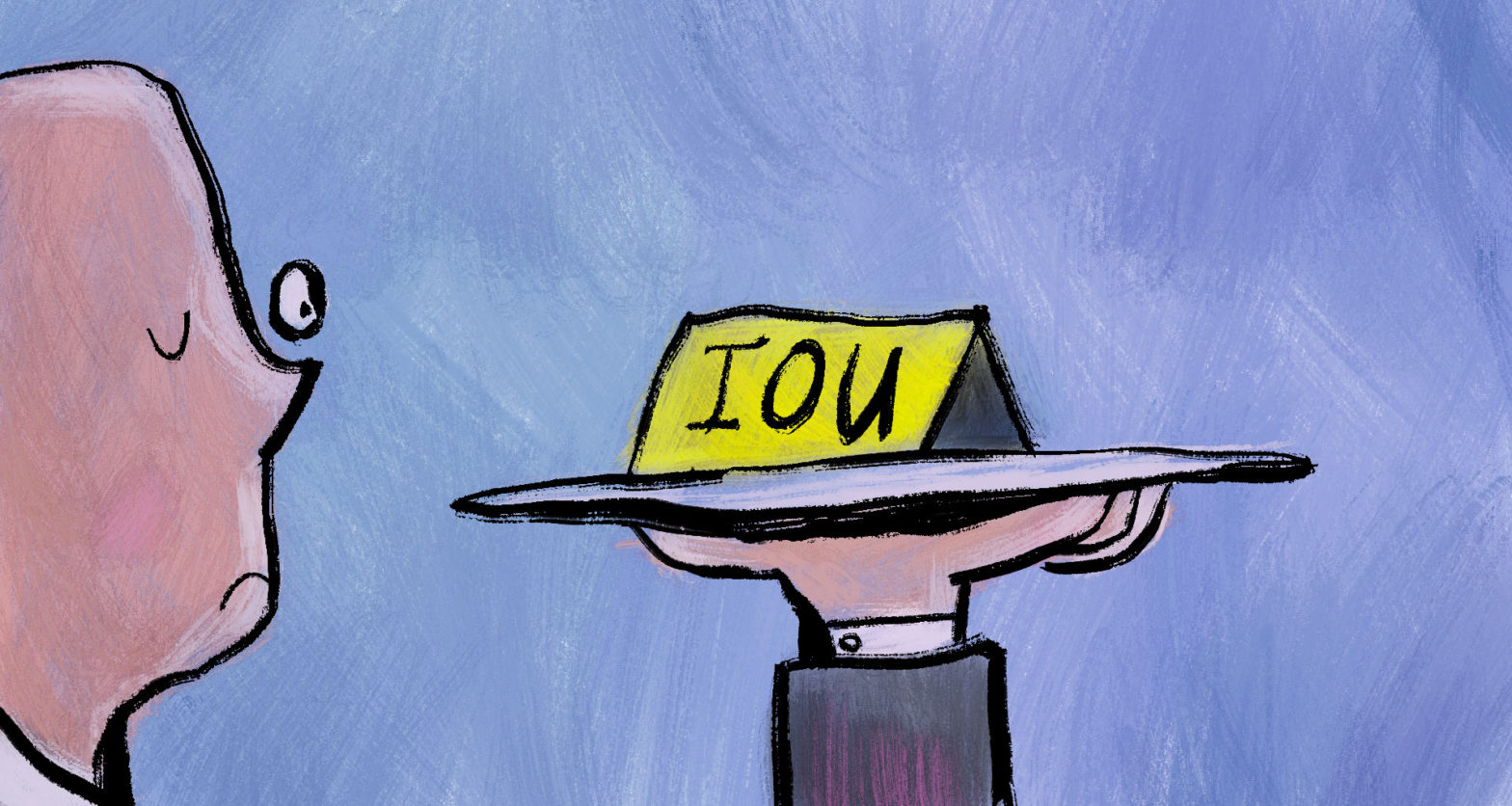 A waiter holding a tray up with a sign on it that says "IOU"