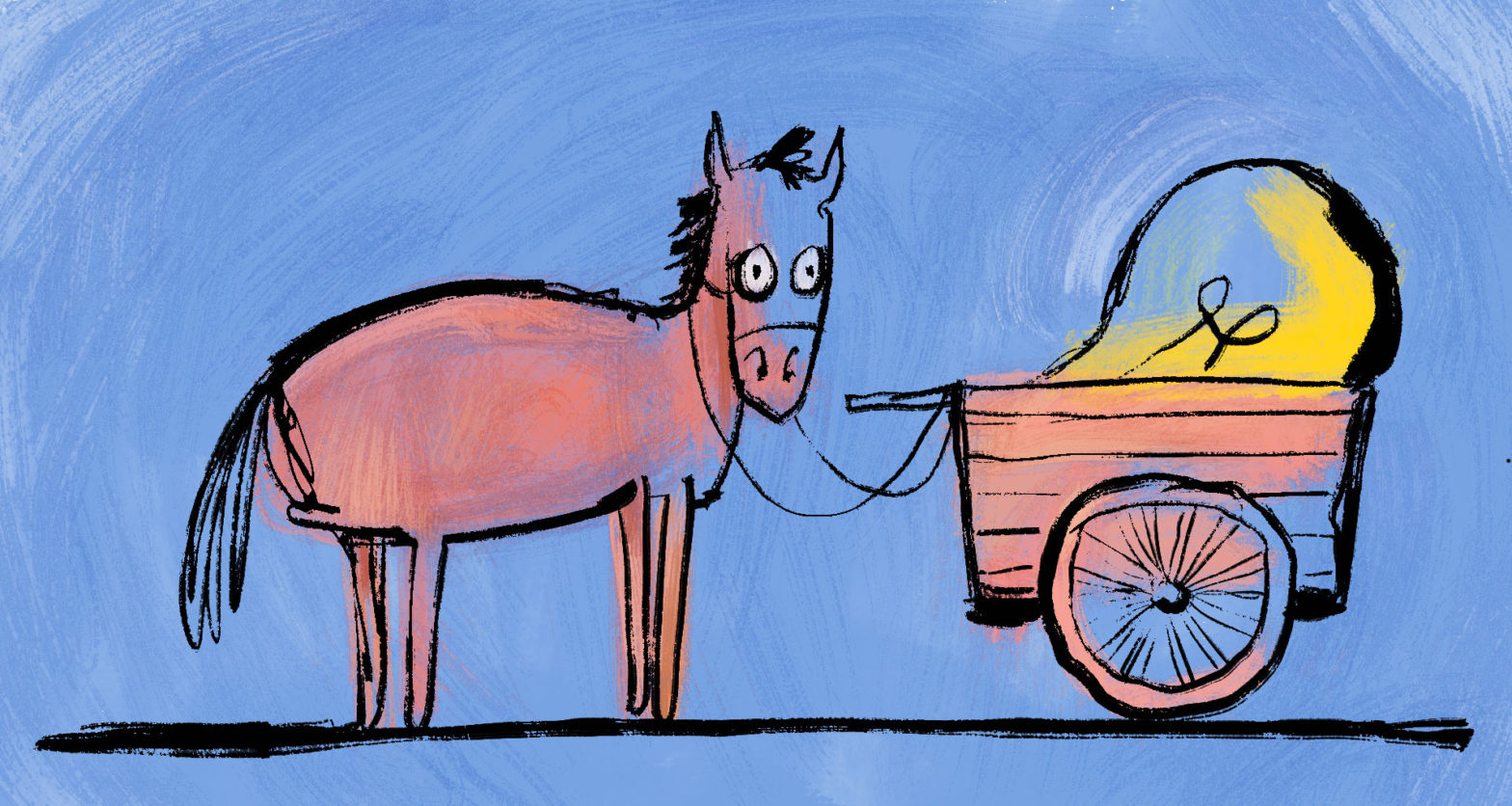 A horse standing behind a cart with a lightbulb in it