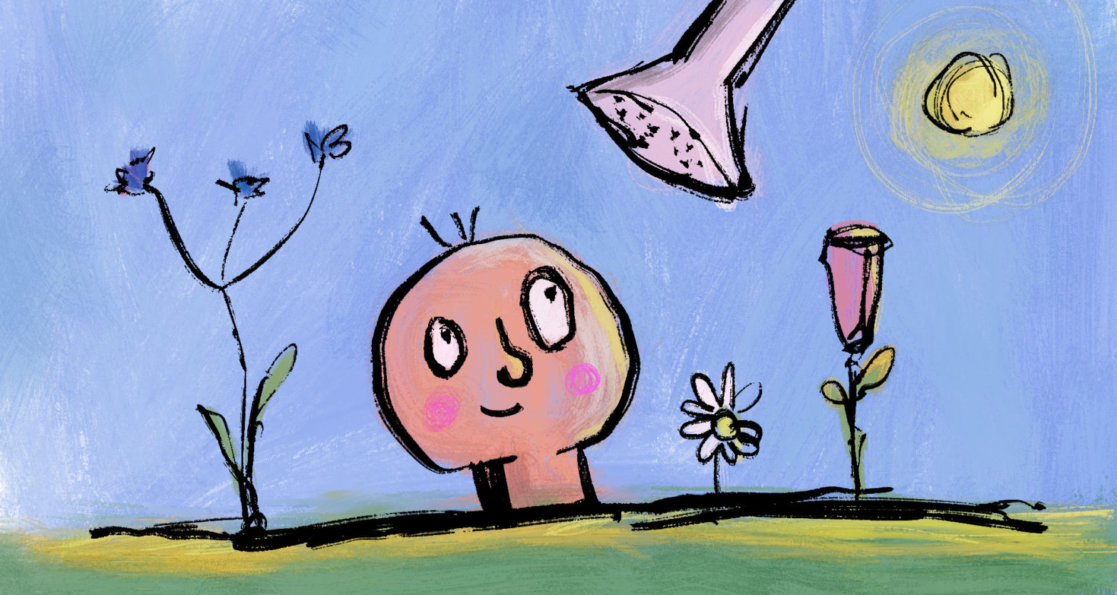 A happy head poking out of the ground, surrounded by flowers, being watered by a watering can