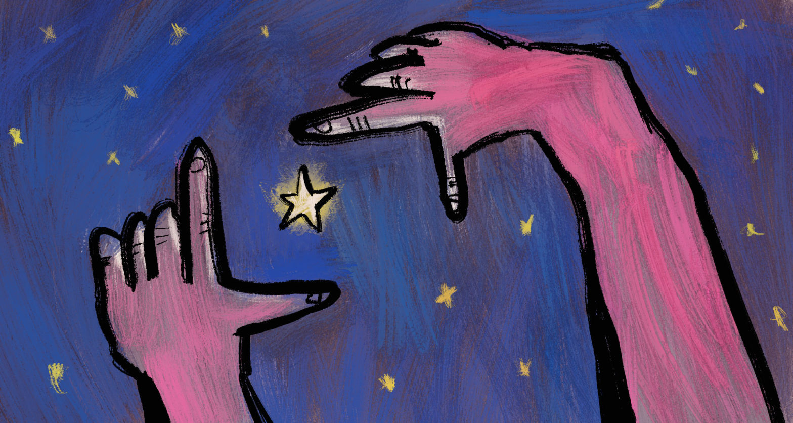 A painting of a pair of hands framing a star in the night sky