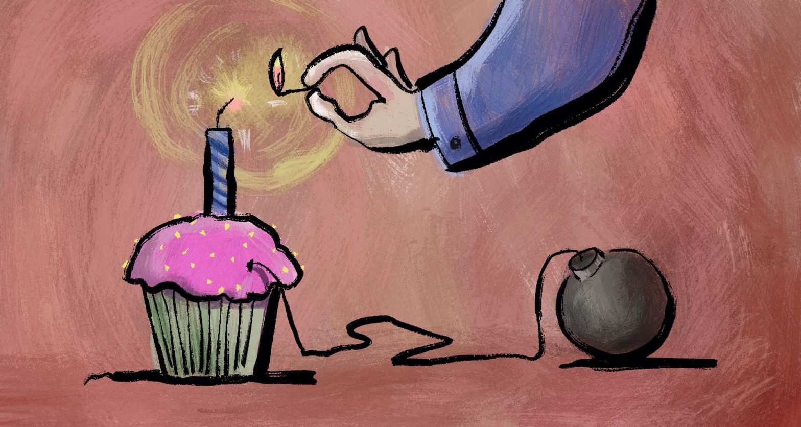 someone lighting a candle in a cup cake but the candle is unknowingly a fuse for a bomb in the background